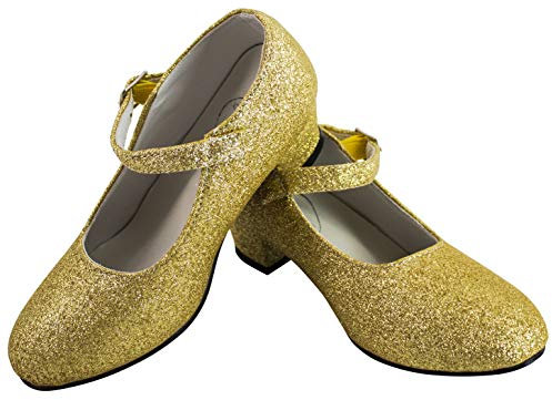 Gojoy shop- Zapato con Tacón de Danza Baile Flamenco o Sevillanas para Niña y Mujer,Contiene : Zapato con Tacón y Mochila de Cuerdas. 13 Colores Disponibles (P- Dorado, 30)