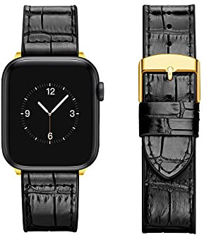 OLAIKE cinturini in pelle sostituibili per Apple Watch, cinturino in coccodrillo resistente al sudore e cinturino in silicone morbido per iWatch serie 6/5/4/3/2/1/SE (Nero/Dorato, 42 mm/44 mm)