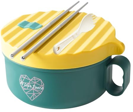 AI LOVE PEACE Microwave Noodle Bowl, BPA-Free 1200ml Soup Mug with Handles, Portable Ramen Container for Students & Offices, Green