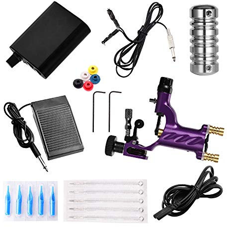 Semplice singolo tatuaggio macchina kit con aghi tatuaggio suggerimenti alimentazione per tatuaggio principianti studente (viola)