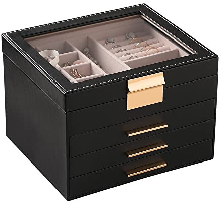 Frebeauty Schmuckkästchen mit transparentem Deckel, 4 Schichten, Schmuck-Organizer, groß, multifunktional, Halsketten, Armbänder für Frauen und Mädchen (schwarz)