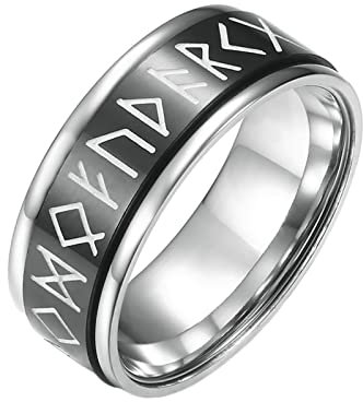 KnBoB 8MM Edelstahlringe für Herren, Schwarz Viking Spinner Ring im Dunkeln Leuchten Fidget Ring Größe 62 (19.7)