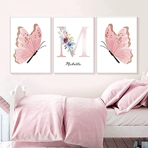 HMXQLW Rosa Blumen Schmetterling Wandbilder Aquarell Bilder kunstdrucke Mädchen Kinderzimmer Deko,Leinwandbilder Moderne Poster und Drucke Wandkunst Kinderzimmer Rahmenlos (3X30X40CM)