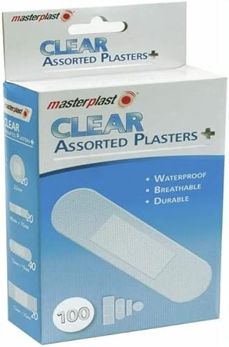 Plasters Assorted Waterproof Breathable Band Aid Plasters Keeps Wounds, cuts and grazes Clean and Dry While They heal 4 Sizes (Clear, 100)