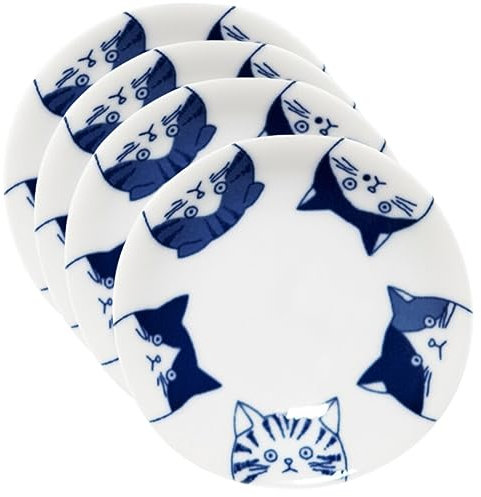 LOVE LOVE JAPAN Kleine Keramikteller mit japanischem Katzen-Design, 4 Stück, ideal für Sushi, Dips und Desserts, Katzenquintett