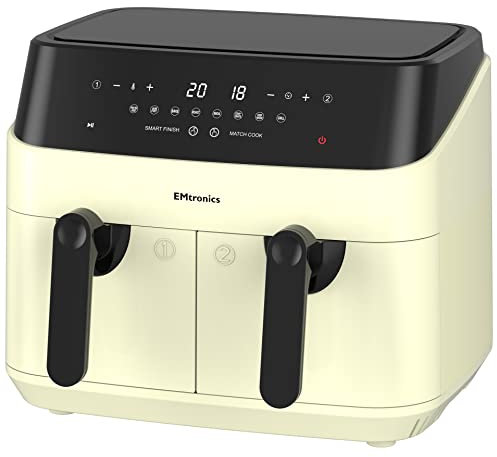 EMtronics EMAFDD9LCR Dual Air Fryer Extra Large Family Size Double XL 9 Litre with 8 Adjustable Pre-Set Menus for Oil Free & Low Fat Healthy Cooking, Easy Clean Metal Interior, 99-Minute Timer - Cream