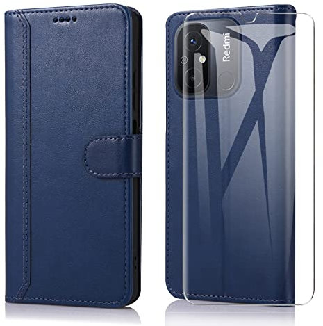 SMYTU Custodia per Xiaomi Redmi 12C / 11A + Vetro Temperato, Custodia Flip in Pelle Magnetica Portafoglio Cover a Libro Per Xiaomi Redmi 12C / 11A - Blu