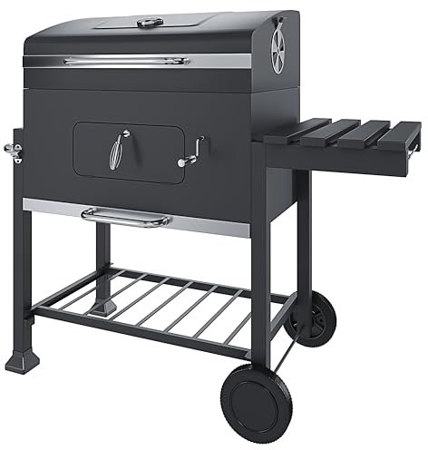 Barbecue Grill A Carbonella BBQ Da Giardino Picnic Balcone Terrazzo Con Coperchio Ruote E Termometro Ripiano Laterale Ribaltabile Con 4 Ganci Manico In Acciaio Inox 106 x 46 x 114 cm Colore Nero