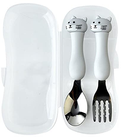 Hrippy Toddler Fork Spoon Set en Acier Inoxydable Modèle De Chat Children Cutlery PP Ustensiles avec Étui pour Les Enfants À Gâteau pour Enfants