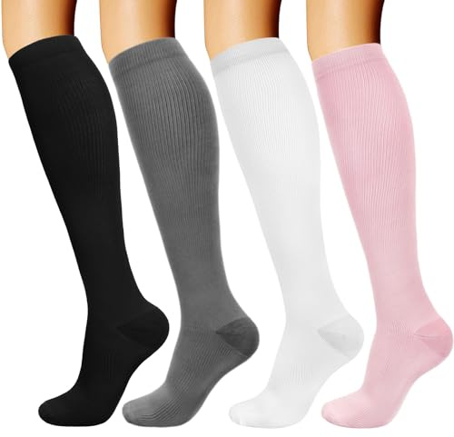 DRESHOW 4 Paires Chaussettes de Compression pour Femmes & Hommes Circulation pour Athlétisme,Course,Cyclisme,Voyage