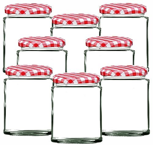 Offer Shop Round Glass Jam Jars with Red Gingham Lids & Adhesive Labels | 190ml / 7oz Glass Jars with Air Tight Twist Lids Reusable Canning Storage Jar for Preserves, Jelly and Herbs - 8 Set