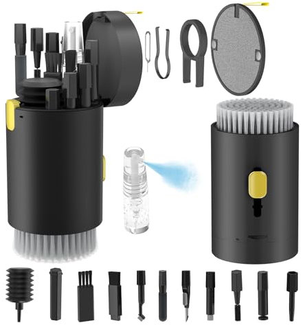 Tounee Keyboard Cleaner Kit, Electronics Cleaning Kit with Retractable Big Brush, Portable, 20 in 1 Multi-Tool Kit for Phones, Tablet, Computer, PC Monitor,TV Camera Lens with 2.5ml Mist Spray (Black)