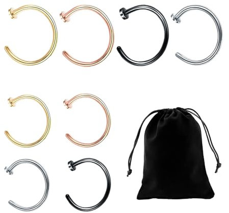 NyxSeat Lot de 8 piercings de nez et de piercings de nez en acier inoxydable - Anneau de piercing de nez en forme de C - Faux anneau nasogénien - Convient pour les hommes et les femmes. (8 mm/10 mm),
