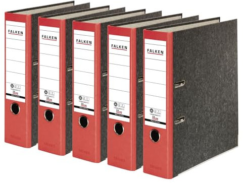 Original Falken 5er Pack Recycling-Ordner Wolkenmarmor. Made in Germany. 8 cm breit DIN A4 roter Rücken Ringordner Aktenordner Briefordner Büroordner Pappordner CO2-Neutral Blauer Engel