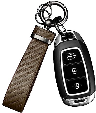 Porte Clef Voiture en Cuir,Porte Clés en Fibre de Carbone avec Anneau en D Anti-perte,Porte-clés Accessoire Voiture (Marron)
