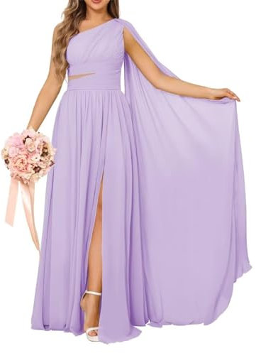 HPPEE WYX558 - Vestido de dama de honor largo con un hombro descubierto, plisado, acampanado, cintura de rocío, vestido de dama de honor, Lila, 60 Más