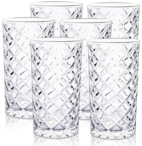 Raisaplin Highball Glasses Set of 6, 410ml/ 14oz Lead-Free Crystal Drinking Water Glasses Tall Glass Cups Mixed Drink Cocktail Glass Set Tom Collins Bar Glassware for Juice Mojito Beer Iced Coffee