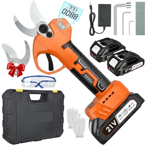 Sécateur électrique sans fil 30 mm, Sécateur électrique professionnel avec 2 batteries 21 V/2000 mAh, LED Affichage, SK5 Lame tranchante, Sécateur à batterie pour jardinage, vigne, arbre fruitier