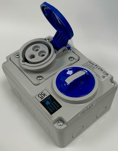 Commando Type Professional Quality Interlocked switched Socket,16A, 240V, 50-60Hz Single Phase, Blue, IP44 IEC309 Lockable,