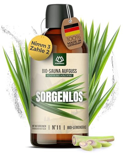 NORDHOLZ® Saunaaufguss BIO [NATURREINE ÄTHERISCHE BIO-ÖLE] Sauna Aufgussmittel #11 Sorgenlos 100ml Lemongras - Sauna Aufguss Zubehör aus Franken