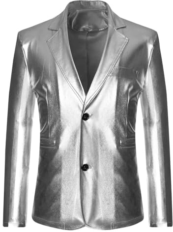 RKaixuni Men's Faux-Leather Jackets Blazer Two Button Shiny Suit Jacket Tuxedo Jackets for Wedding Prom Party Dinner Banquet