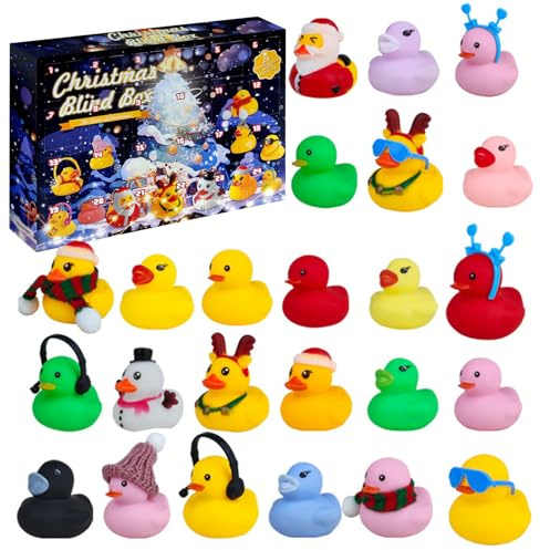 Adventskalender 2024 Kinder, 24 Stück Gummienten Countdown Adventskalender, Weihnachten Quietscheenten Enten Kalender 2024 Mit 24 Verschiedenen Gummienten für Jungen Mädchen (Schnee)