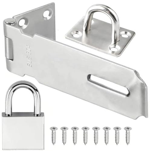 Litensh 4 Inch Loquet Porte Acier Inoxydable avec Cadenas Agrafe, Verrou Porte Loquet de Sécurité Loquet de Cadenas Agrafe Porte Fermoir Moraillon De Verrou pour Chambre à Coucher Garage argent