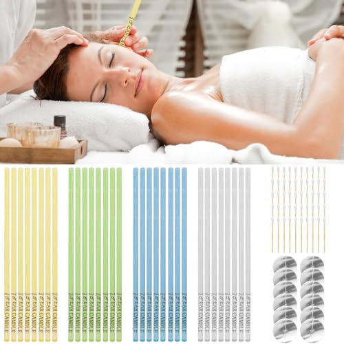 BORISCA 32 Pièces Bougie Oreille Nettoyante, Bougie d'Oreilles ave 10 Plateaux et 10 Cotons-Tiges, Bougie Auriculaire Aromatique pour la Relaxation et le Nettoyage des Oreilles (4 Senteurs)