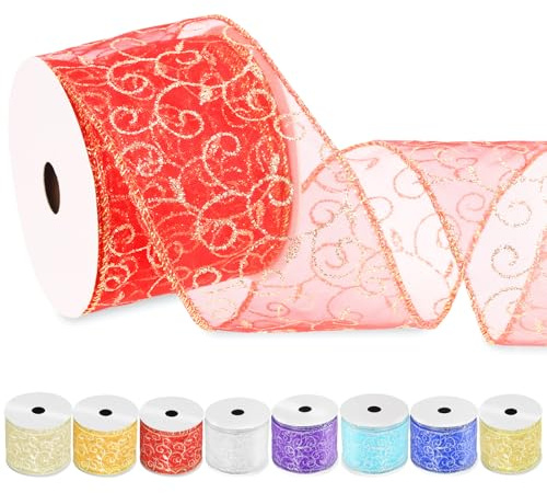 Swpeet - Cinta con alambre de brillo de espiral de 2 1/2 pulgadas × 10 yardas en color rojo, cinta de organza transparente con borde metálico dorado, cinta de brillo de espiral con alambre, cinta con