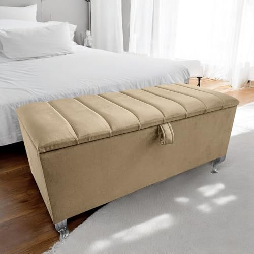 Harveys Living Ottoman Storage Box - Penal Style Engineered Wood Luxurious Plush Velvet Ottoman Storage Bench - (Mink Plush, Legs)