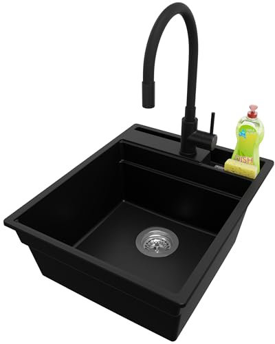 PRIMAGRAN Fregadero Granito Negro 43x53cm, Cocina 1 Seno + Grifo 40x38cm + Sifón, Sobre encimera al mueble 45cm - Oslo Pocket S054