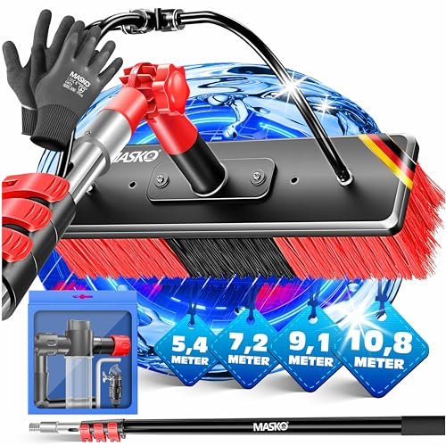 MASKO® Cepillo de lavado telescópico con conexión de agua, 5,4 m, cepillo de limpieza con mango telescópico extensible, escoba telescópica, limpieza de ventanas y sistemas fotovoltaicos, cerdas suaves