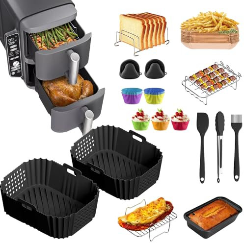 Accessoires pour Friteuse à Air, pour Ninja AF400EU Double Stack 9,5L, Compatible avec Cosori 8,5L et Cookwise 9L Friteuse, Ensemble de 20 Moules en Silicone avec Grille et Plaque de Cuisson à Pain