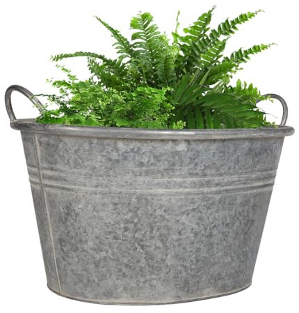Metal Plant Pot Vintage Style Galvanised Bucket Trough Dolly Planter with Handles Patio Lawn Decking Plant Pot for Shrubs, Bushes, Trees, Topiaries & Flowers (Large)