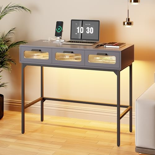 FREDEES Schminktische mit Beleuchtung ohne Spiegel, Klein Holz Schminktisch mit Ladestation und 3 Schubladen, Grau