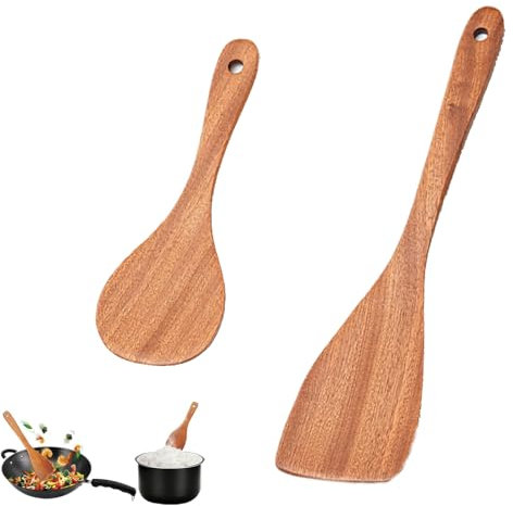 2PCS Wooden Spatula Set, Wooden Spatulas for Cooking with Long Handle, Cooking Utensils for Non-Stick Cookware, Ideal for Frying Eggs and Pancakes
