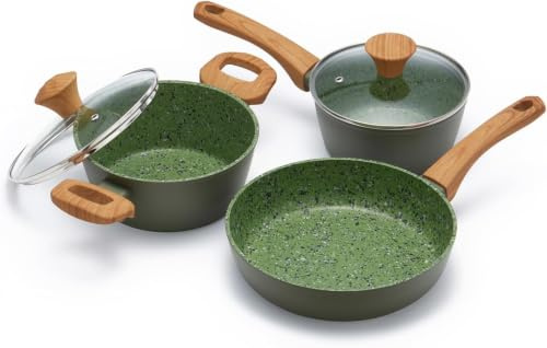 Jovire Green Antihaft-Set: 6-Topf (Saucepan), 8,5-Pfanne (Frying Pan) & 7-Schmortopf (Stockpot) - Kombination mit Keramik-Holzgriff, für alle Herdarten, PFOA-fre (grün, 5-pcs-28cm)