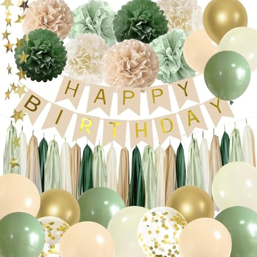 Didabotak Sage Green Birthday Party Decorations for Women Girls with Happy Birthday Banner,Tissue Paper Pompoms, Paper Tassel,Circle Garland,Hanging Swirl,Birthday Balloons for Party Decor