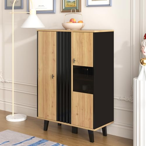 OLIVIBED Aparador con iluminación LED, cómoda con 3 puertas y pies, armario de cocina con espacio de almacenamiento y cristal, armario buffet de madera para salón, cocina, comedor, color madera, 80 x