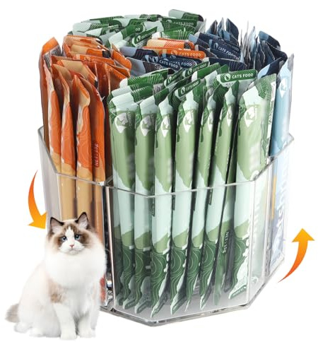 Lickable Cat Treats Organizer, Lazy susan Acrylic Squeeze Up Cat Food Storage Container, Essential storage for pet treats, Wet Cat Treats Storage for Kitchen Cabinet Pantry Shelf Countertop(Rhombus)