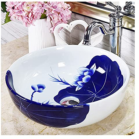 PUFAHAU Bathrooms Ceramic Basin, Hand Painted Vessel Sink Round Bathroom Sink Vintage Above Counter Bathroom Vanity Bowl, For Bath Remodel, 40X15Cm,L,