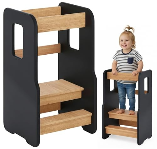 ComfortCove Montessori Lärtorn, Montessori Stol, Svart/Ek | Lärningstorn, Köksstegspall för Barn, Lärtorn, Träfotsteg, Justerbar Höjd i 3 Lägen