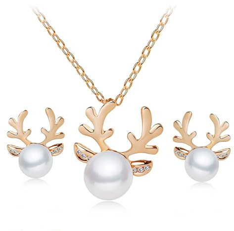 Snyvpra 2 Stück Weihnachten Schmuck Set Damen Weihnachtsohrringe Weihnachten Ohrringe Perlen Rentier Halskette Ohrringe Weihnachts Accessoires Damen Geschenkidee