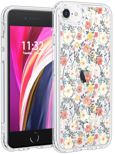 Jkvare for iPhone SE/8/7 Case, Crystal Clear Aesthetic Pattern Wireless Magnetic Protective Phone Cover for Women Girls - Vintage Floral