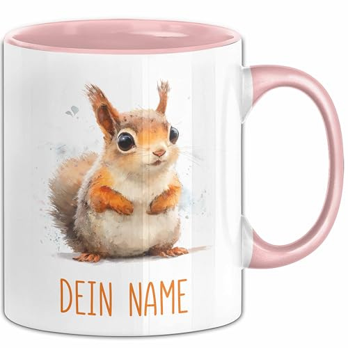 Eichhörnchen Tasse mit Namen – Personalisierte Kaffeebecher mit Tiermotiv Geschenk Junge Mädchen (Rosa)