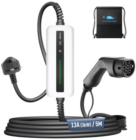 Morec EV Charger Type 2 to 3 Pin Plug, 3KW | 8A-13A | 5M Home Electric Car Charger Cable Type 2 for EVs & PHEVs, IP66 Waterproof with Carry Case