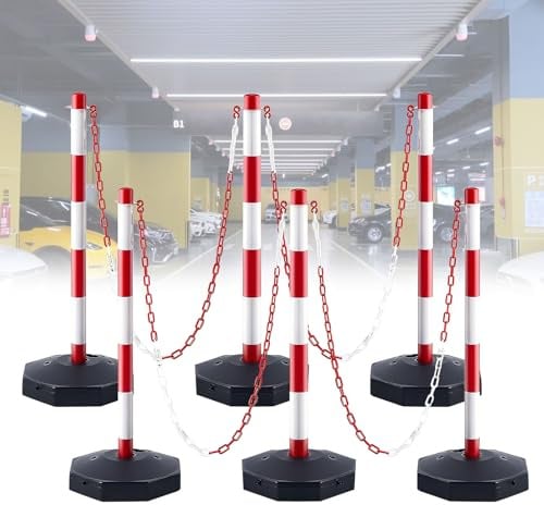 6Pcs Traffic Delineator Post Barrier with Fillable Base, Adjustable Portable Warning Post, 6 Columns, 5 * 2.5m Chains+20 * S Buckles, Safety Barriers for Outdoor Indoor Crowd Control Car Parks