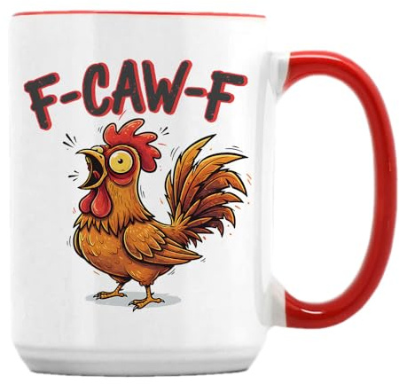 Funny Chicken Design | F-CAW-F | Hilarious Farm Animal Gift | Perfect Gag Gift, 15oz Coffee Mug. (Red Inside Colour)