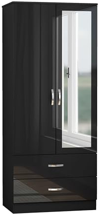 Nera Gloss Black 2 Door Wardrobe with Drawers and Mirror 180cm for Bedrooms | Full Length Mirror and Two Drawers