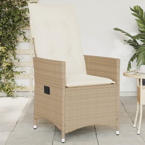 Frdhee Terrassenmöbel Balkon Stuhl,Gartensessel mit Kissen Verstellbar Beige Poly Rattan für Rasenfläche, Camping, Garten, Pool, Strand, Hof, Lounge